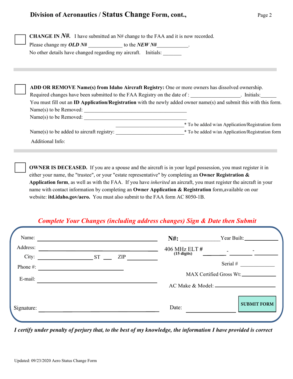 Aircraft Registration status Change Form - Idaho, Page 2