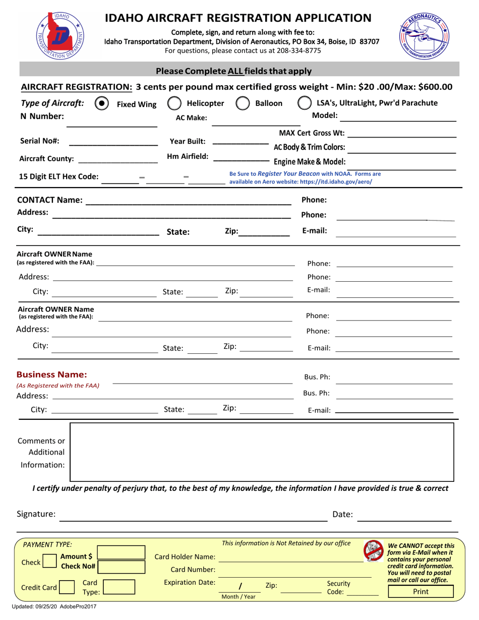 Idaho Aircraft Registration Application - Idaho, Page 1