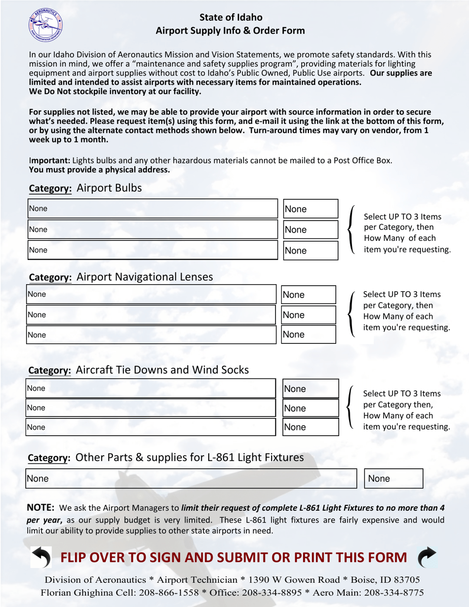 Airport Supply Info  Order Form - Idaho, Page 1