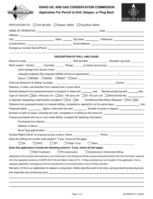 Form IDLOGD001.01 Application for Permit to Drill, Deepen, or Plug Back - Idaho