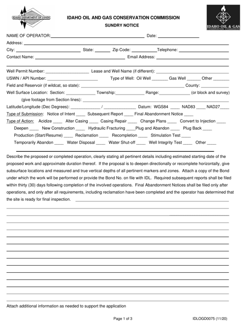 Form IDLOGD0075 Sundry Notice - Idaho