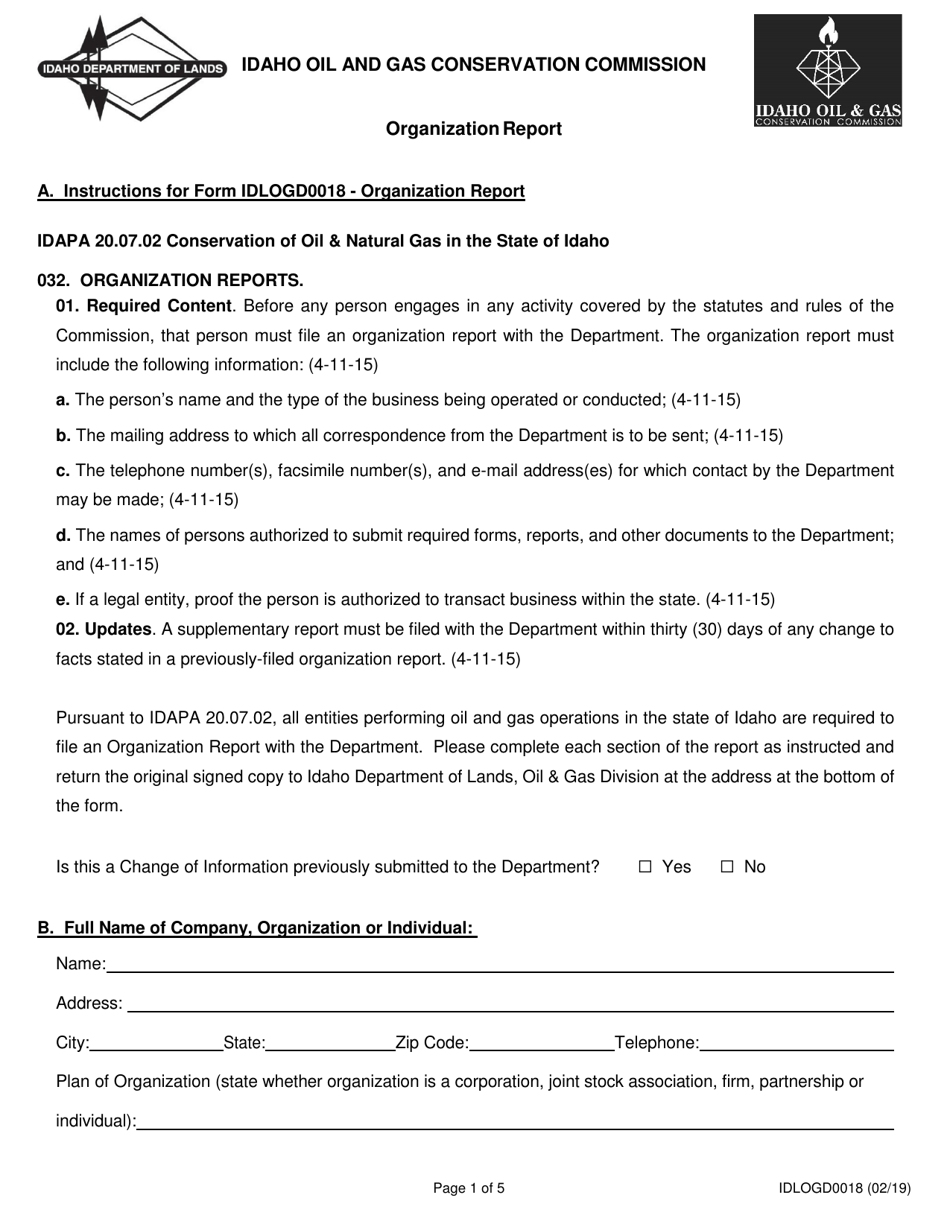 Form IDLOGD0018 Organization Report - Idaho, Page 1