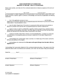 Document preview: Application for Marriage - Waiver of Confidentiality - Idaho