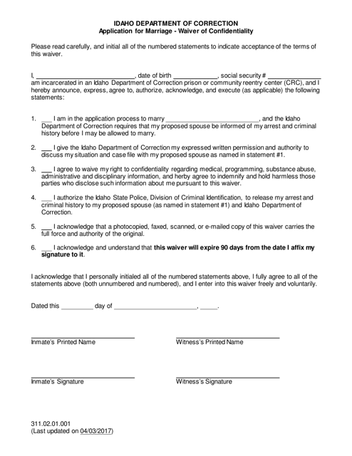 Application for Marriage - Waiver of Confidentiality - Idaho