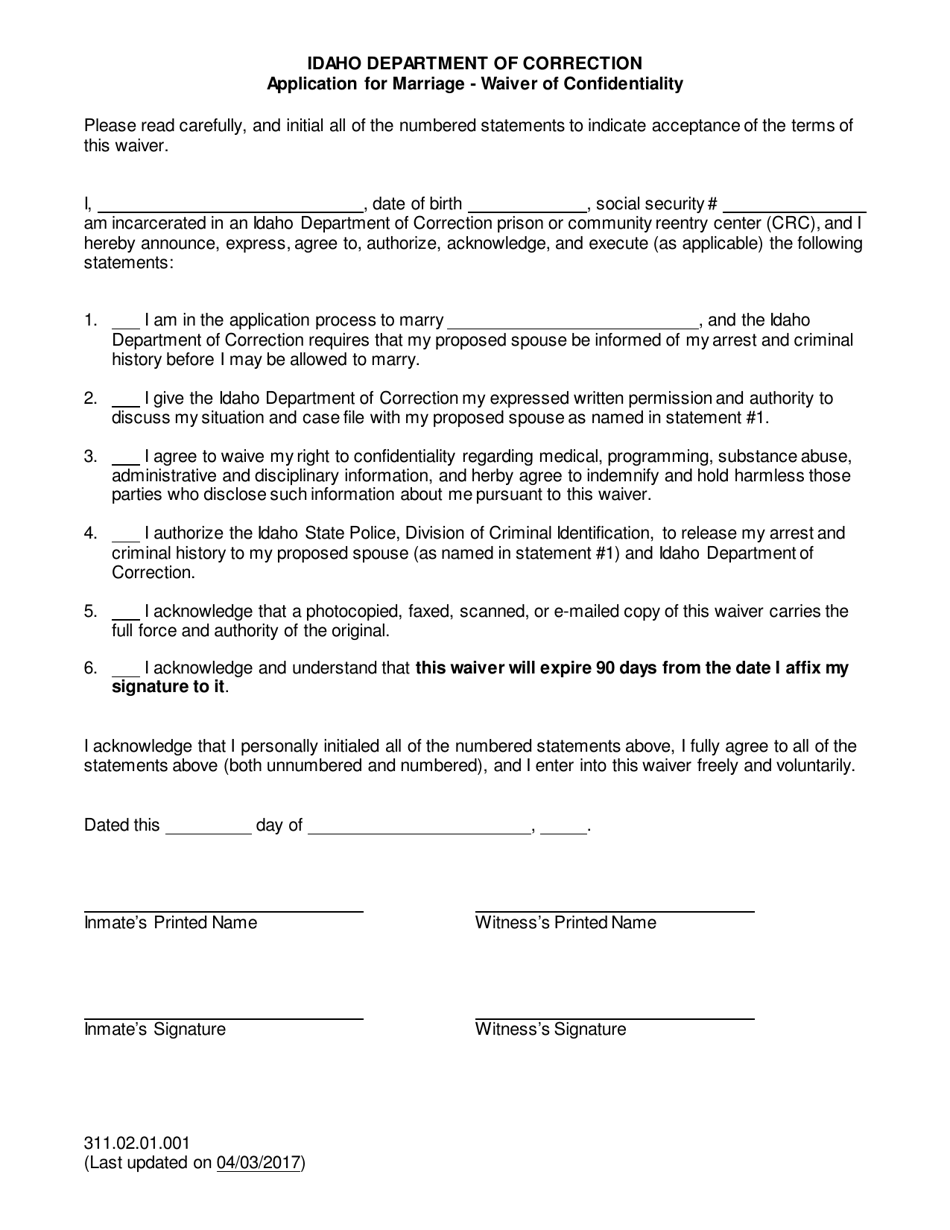 Idaho Application for Marriage Waiver of Confidentiality Fill Out