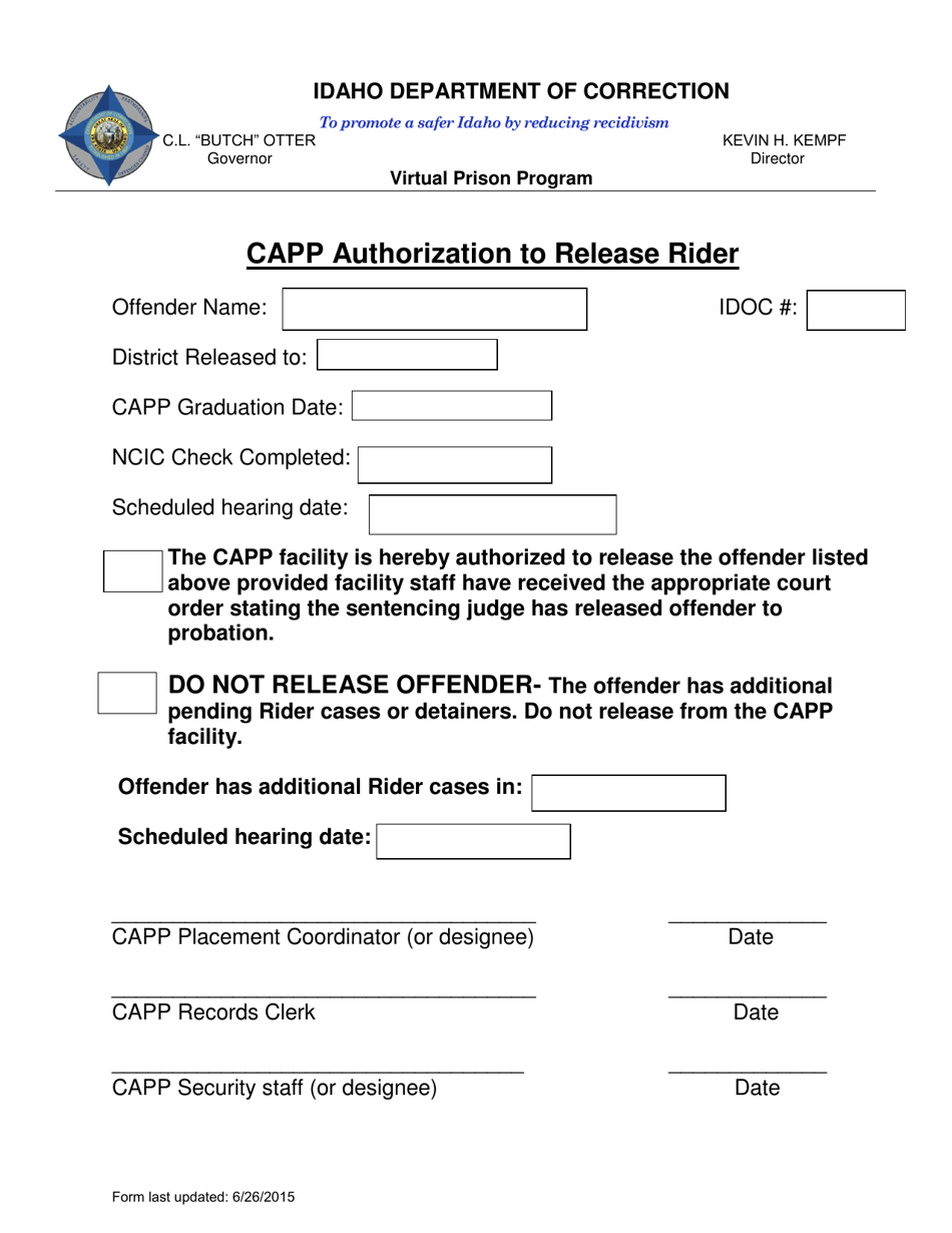 Capp Authorization to Release Rider - Idaho, Page 1