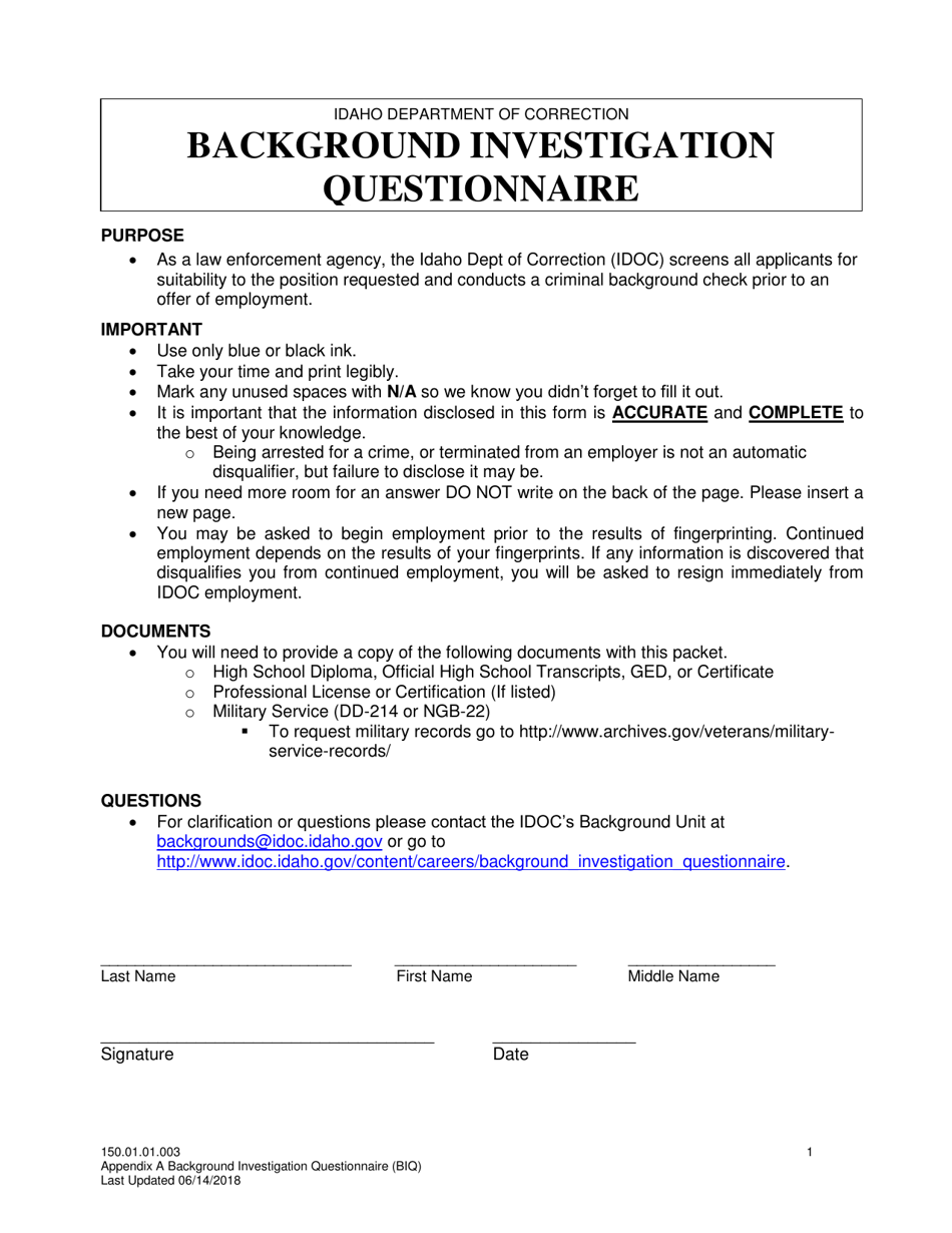 Appendix A Background Investigation Questionnaire - Idaho, Page 1