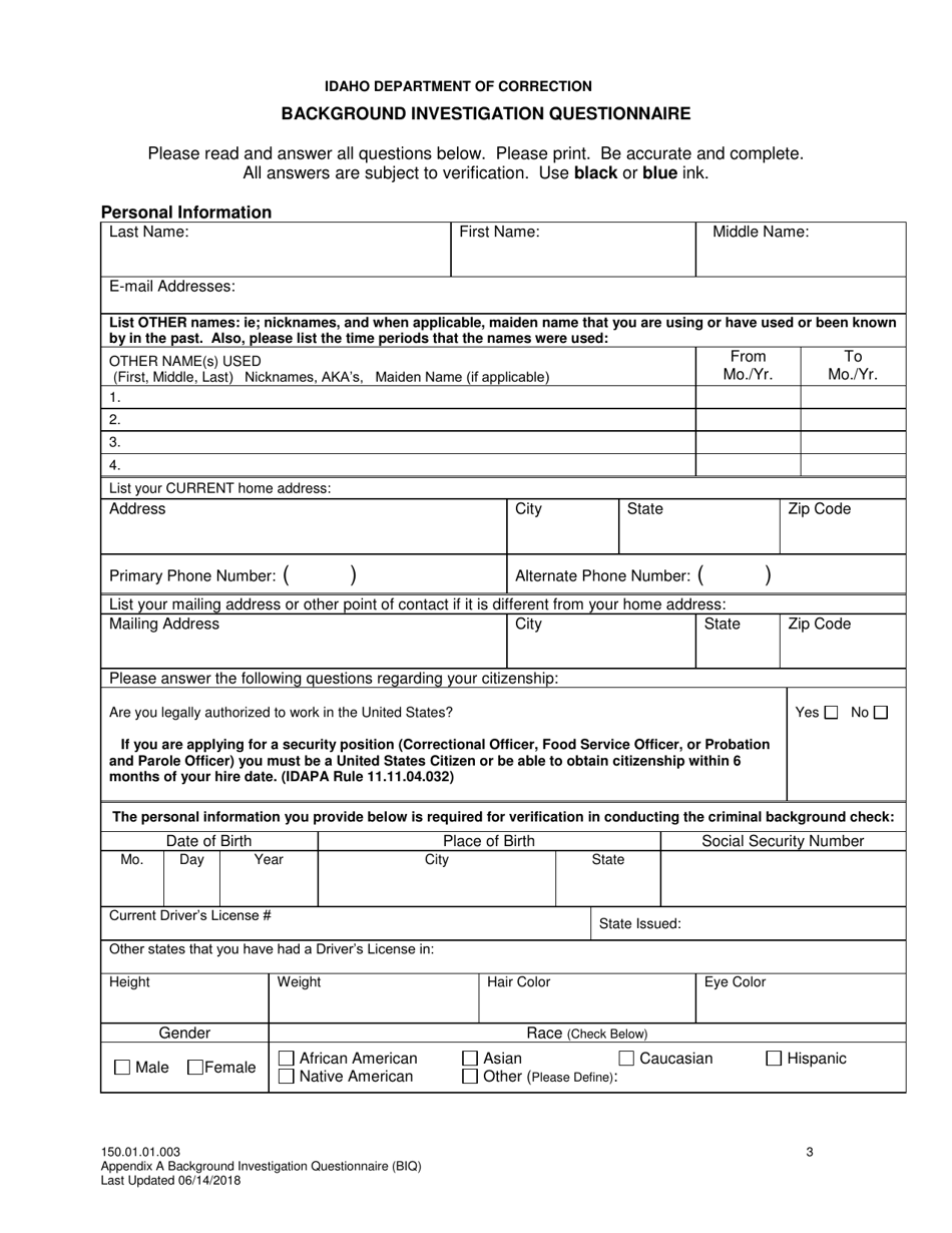 Appendix A Background Investigation Questionnaire - Idaho, Page 3