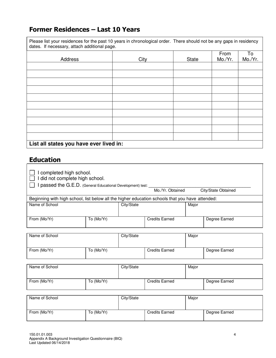 Appendix A Background Investigation Questionnaire - Idaho, Page 4