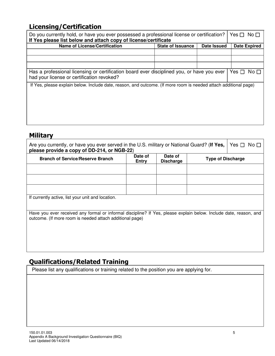Appendix A Background Investigation Questionnaire - Idaho, Page 5