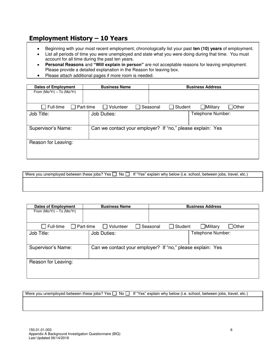 Appendix A Background Investigation Questionnaire - Idaho, Page 6