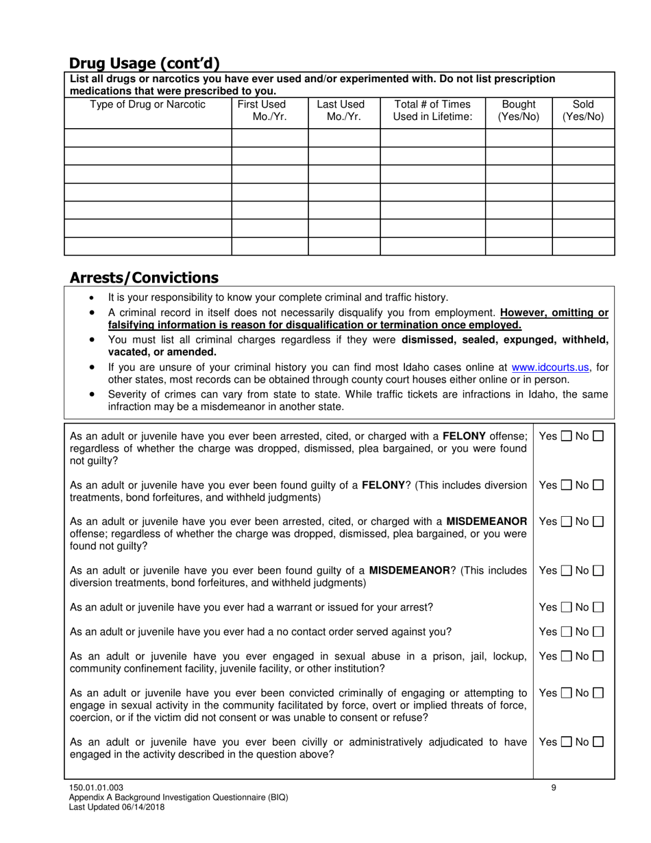 Appendix A Background Investigation Questionnaire - Idaho, Page 9