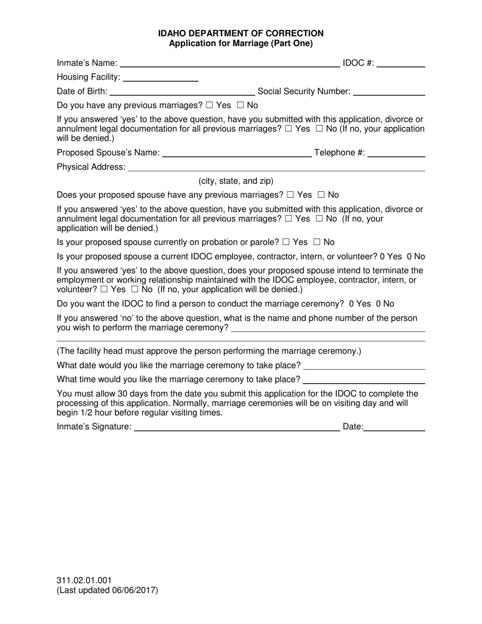 Part 1 Application for Marriage - Idaho, Page 1