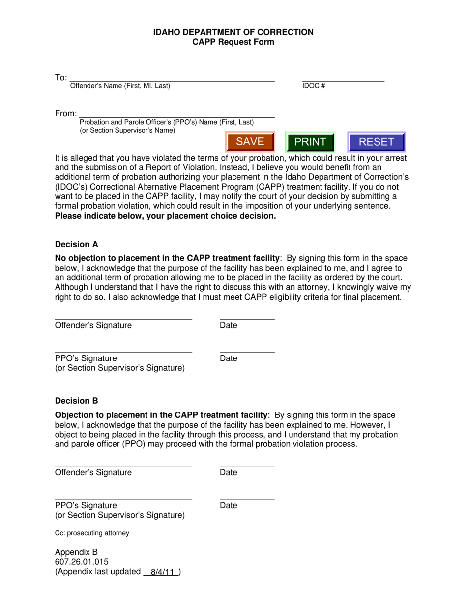 Appendix B Capp Request Form - Idaho, Page 1