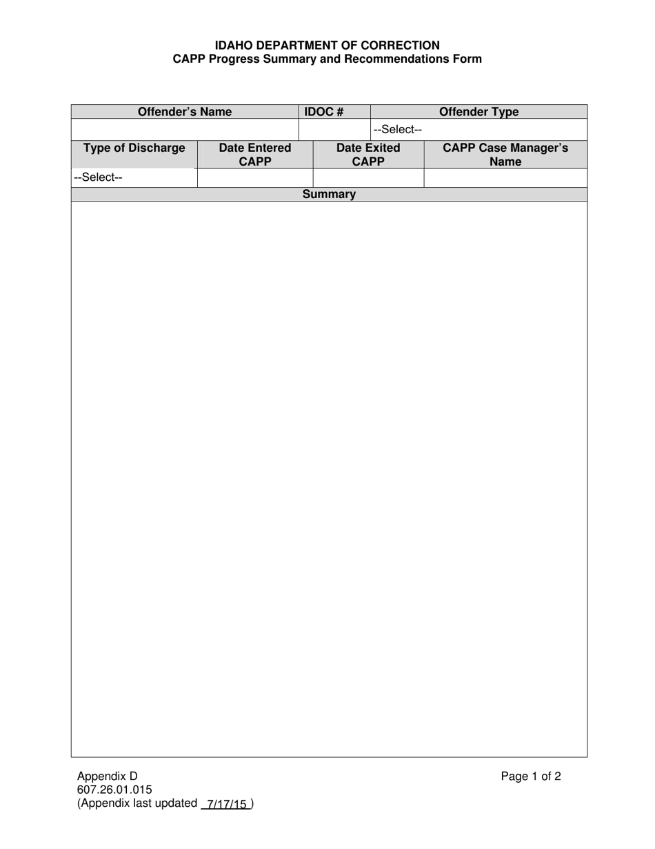 Appendix D Capp Progress Summary and Recommendations Form - Idaho, Page 1
