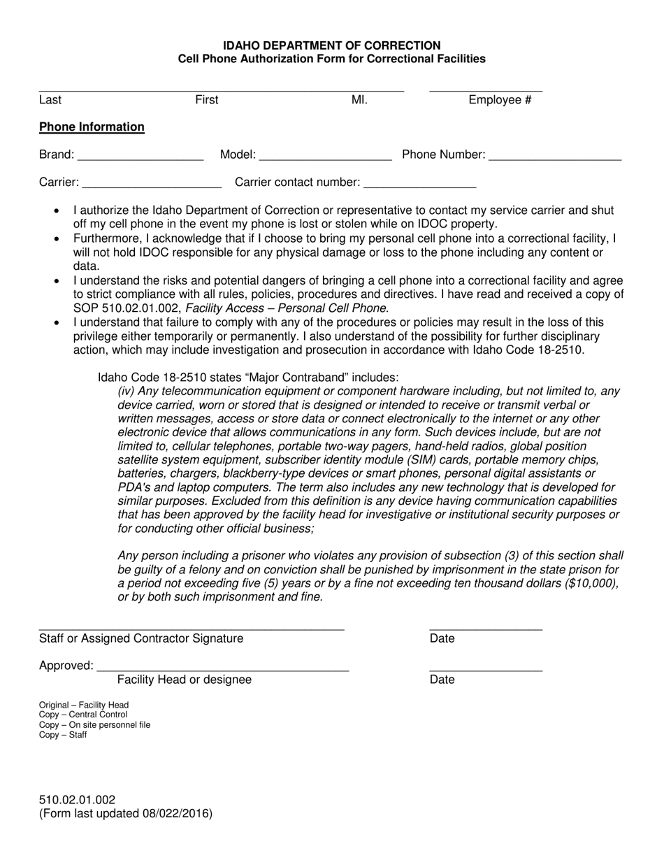 Cell Phone Authorization Form for Correctional Facilities - Idaho, Page 1