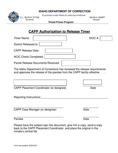 Capp Authorization to Release Timer - Idaho