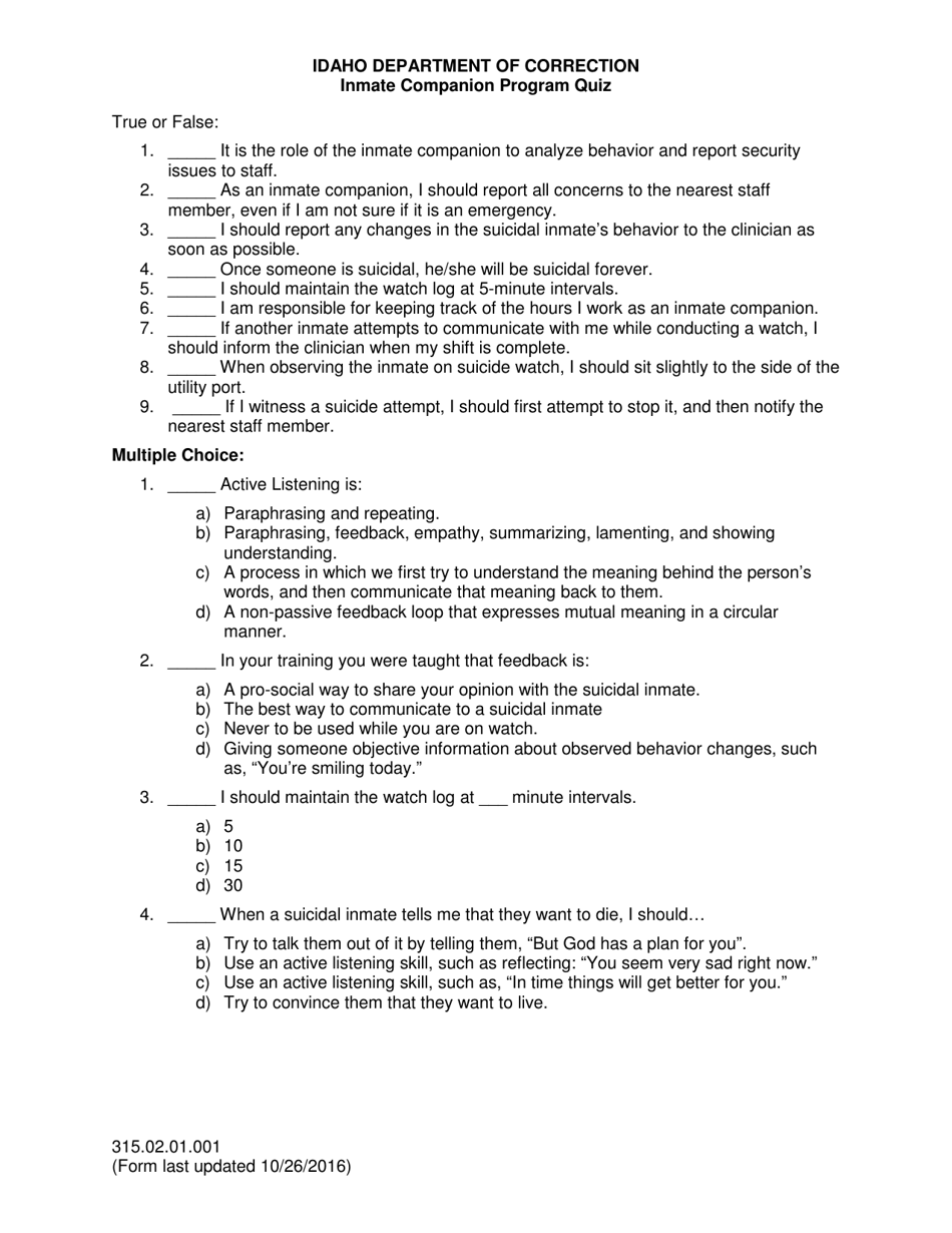 Inmate Companion Program Quiz - Idaho, Page 1
