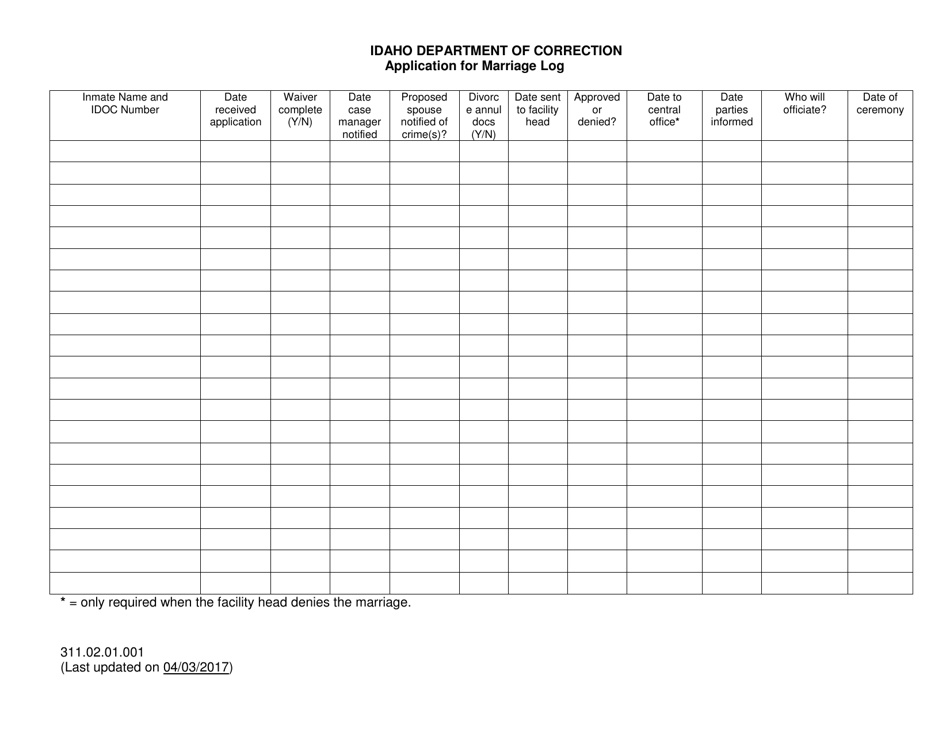 Idaho Application for Marriage Log - Fill Out, Sign Online and Download ...