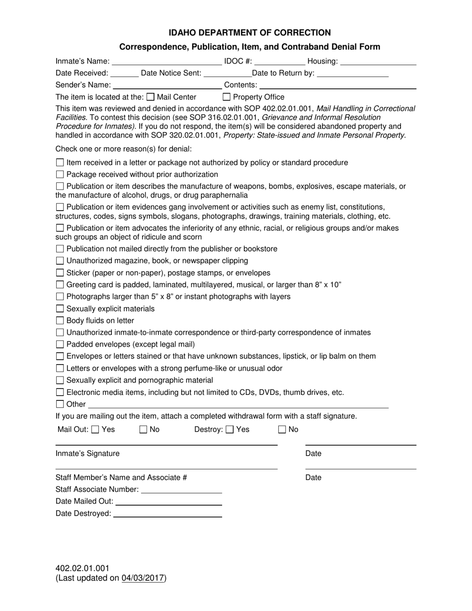 Idaho Correspondence, Publication, Item, and Contraband Denial Form ...