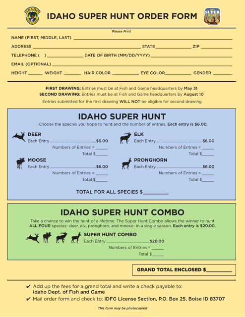Idaho Super Hunt Order Form - Idaho