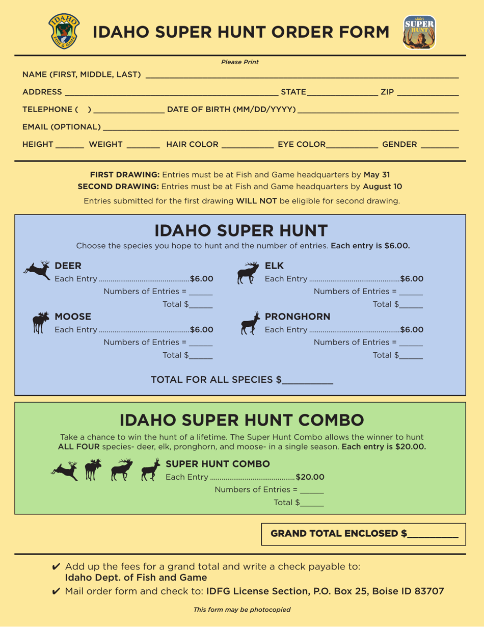 Idaho Super Hunt Order Form Fill Out, Sign Online and Download PDF