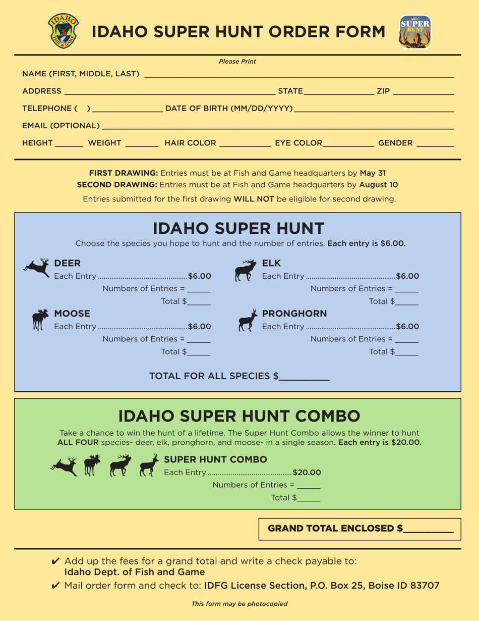 Super Hunt Order Form - Idaho, Page 1
