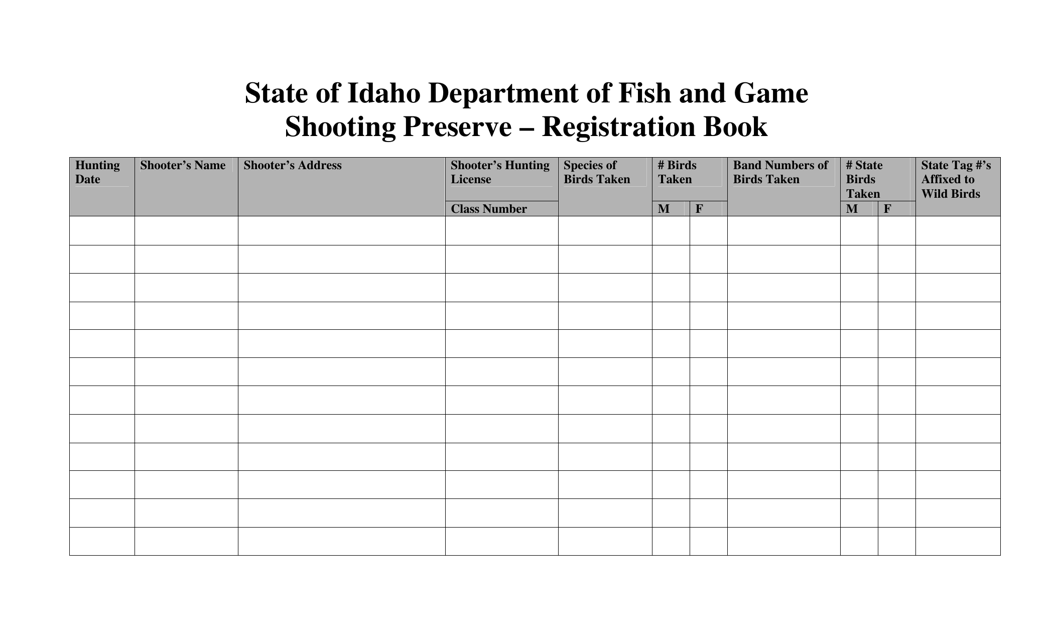 Shooting Preserve - Registration Book - Idaho