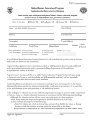 Document preview: Application for Instructor Certification - Idaho Hunter Education Program - Idaho
