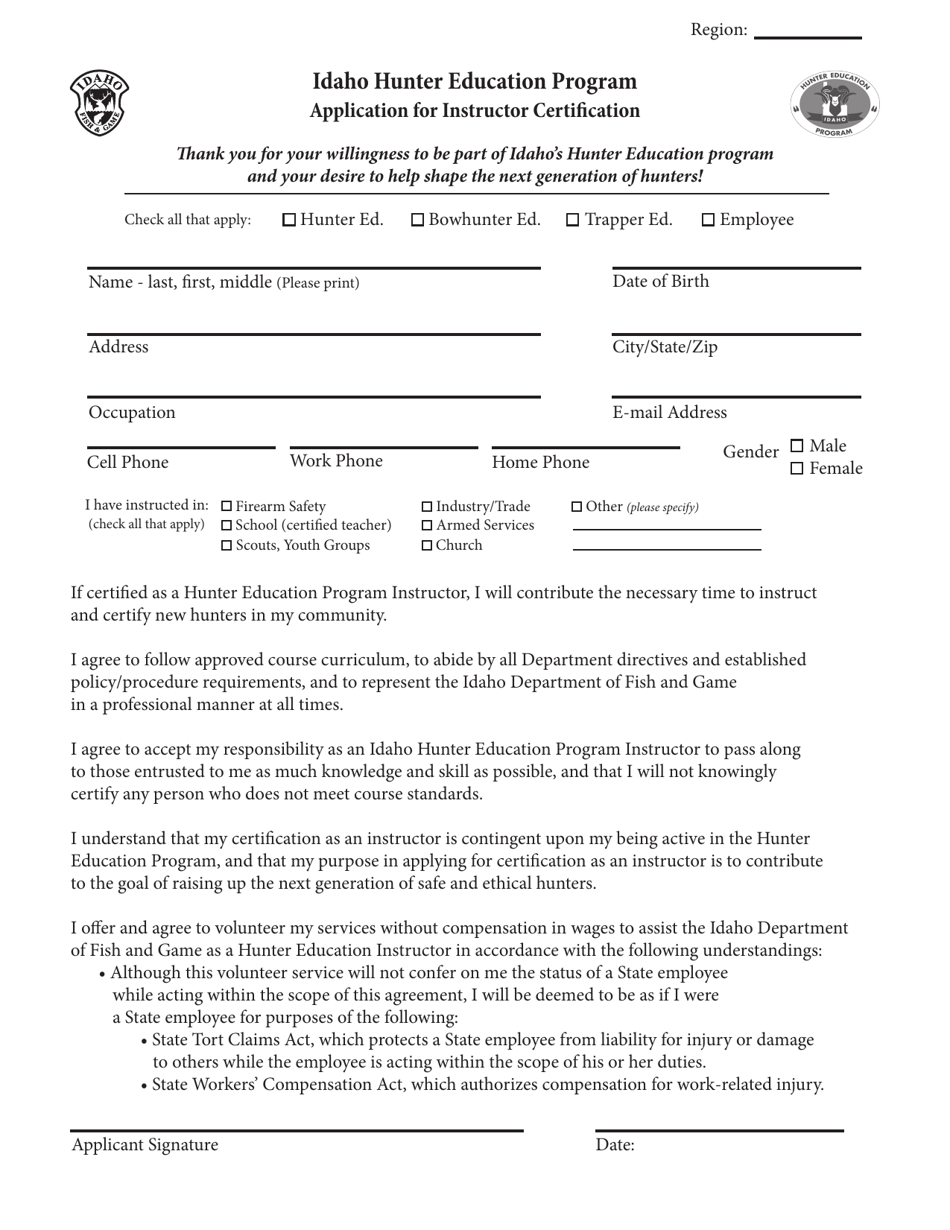 Application for Instructor Certification - Idaho Hunter Education Program - Idaho, Page 1