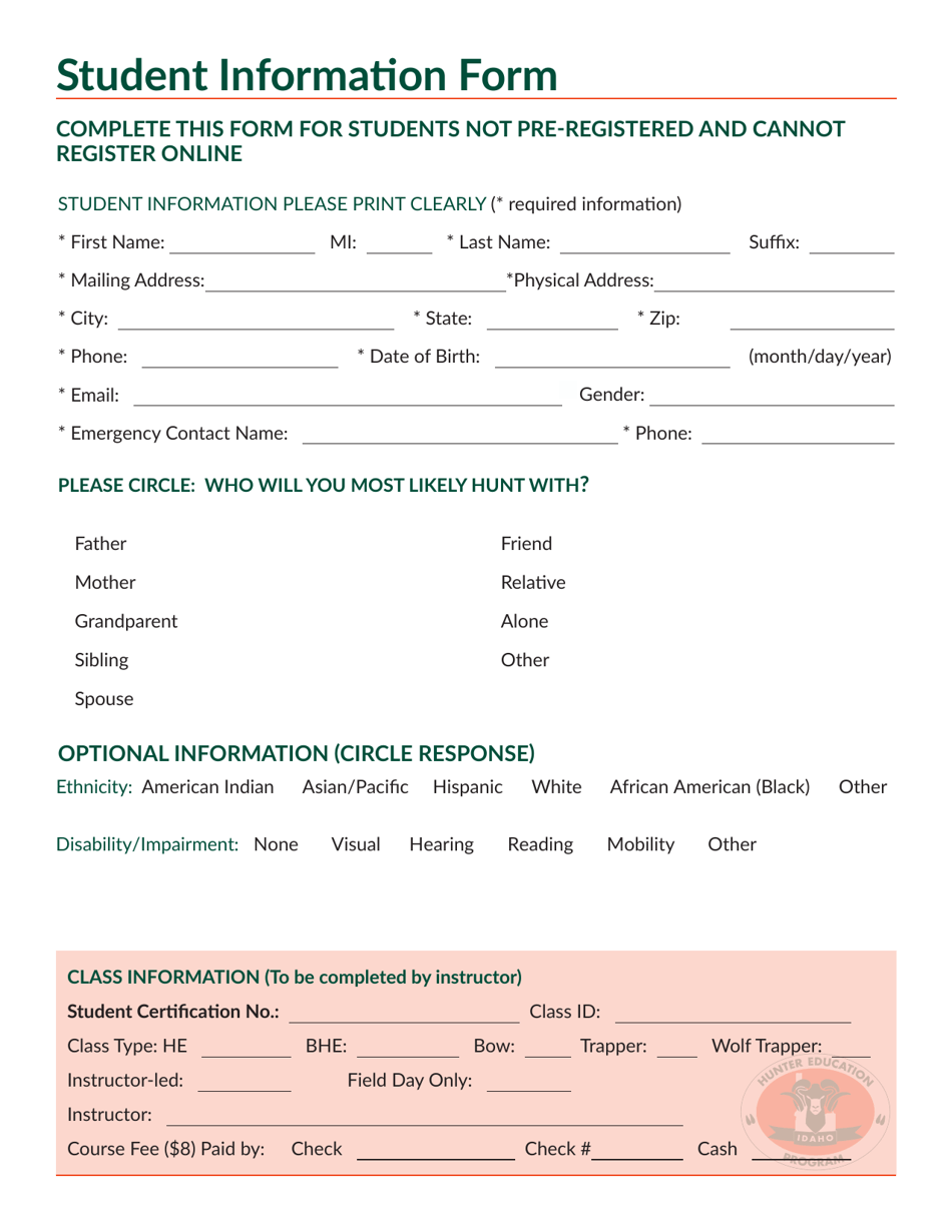 Student Information Form - Idaho, Page 1