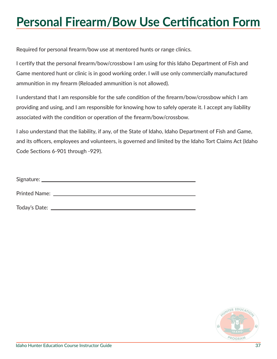 Personal Firearm / Bow Use Certification Form - Idaho, Page 1