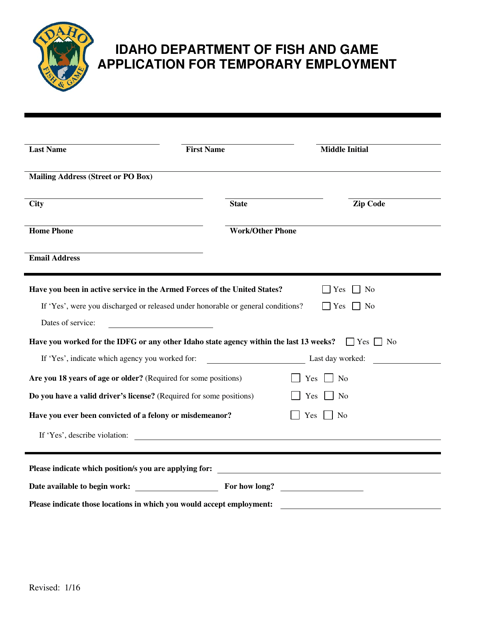 Application for Temporary Employment - Idaho