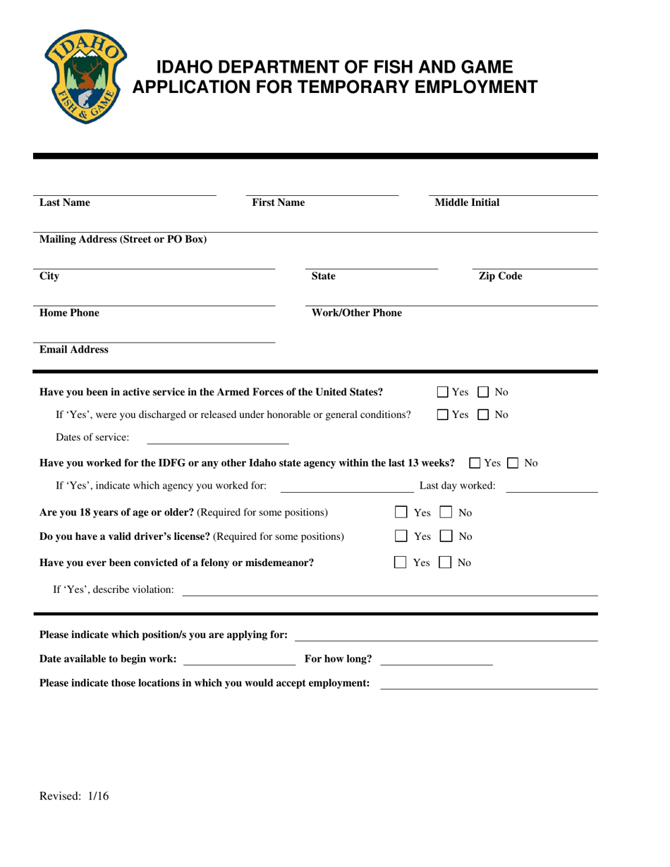 Application for Temporary Employment - Idaho, Page 1