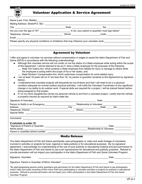 Form VF A-1 Volunteer Application &amp; Service Agreement - Idaho