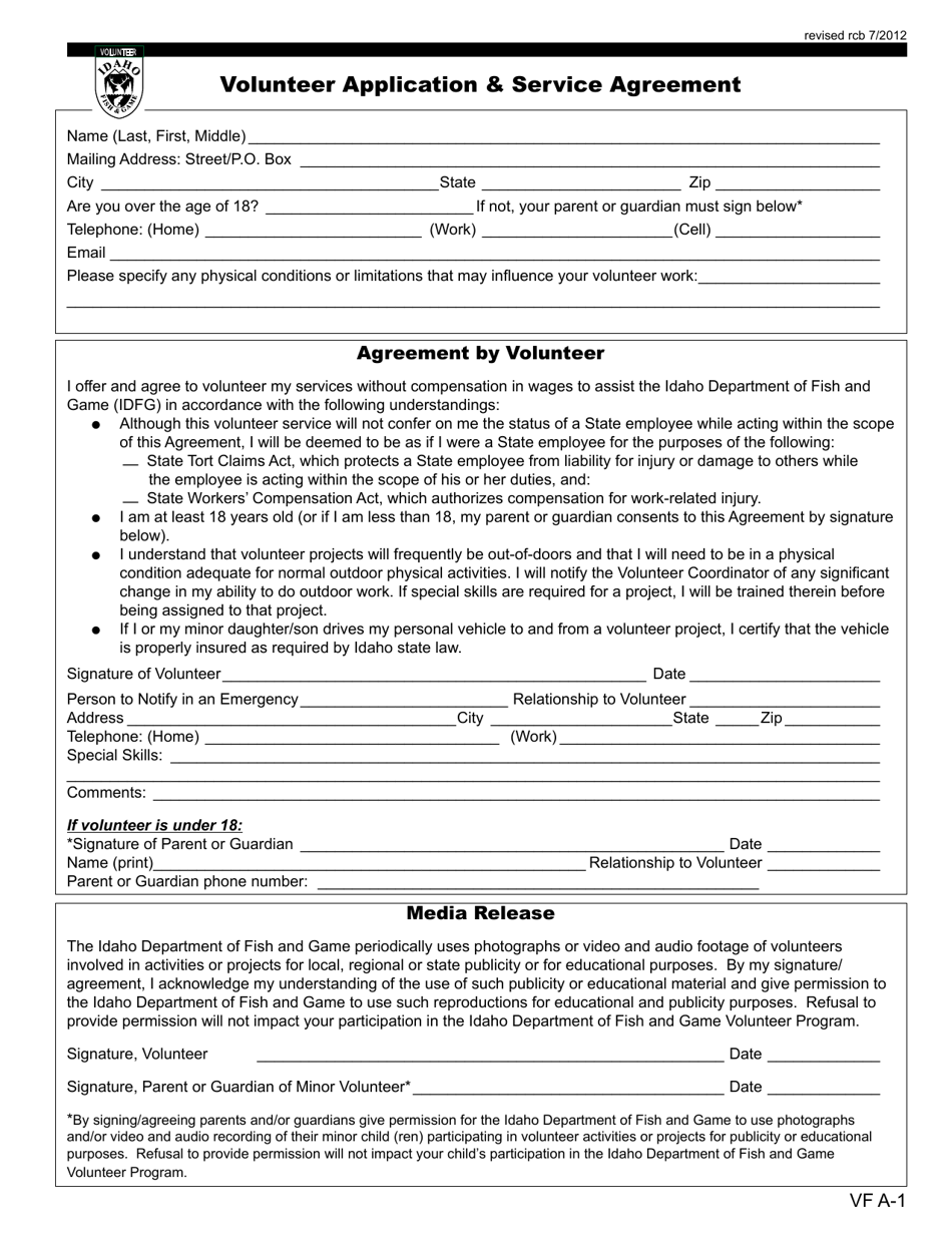Form VF A-1 Volunteer Application  Service Agreement - Idaho, Page 1
