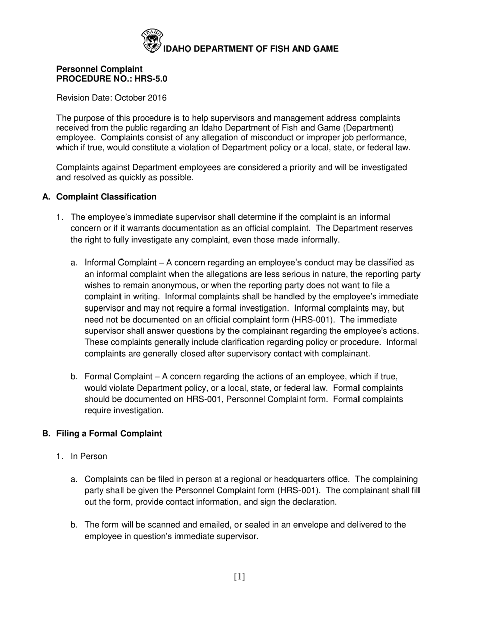 Form HRS001 Personnel Complaint Form - Idaho, Page 2