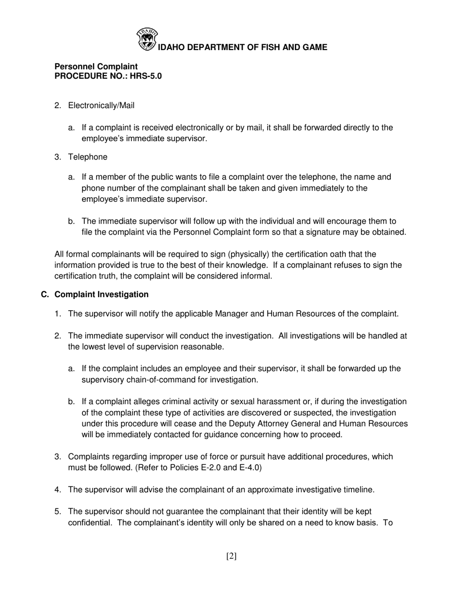 Form HRS001 Personnel Complaint Form - Idaho, Page 3