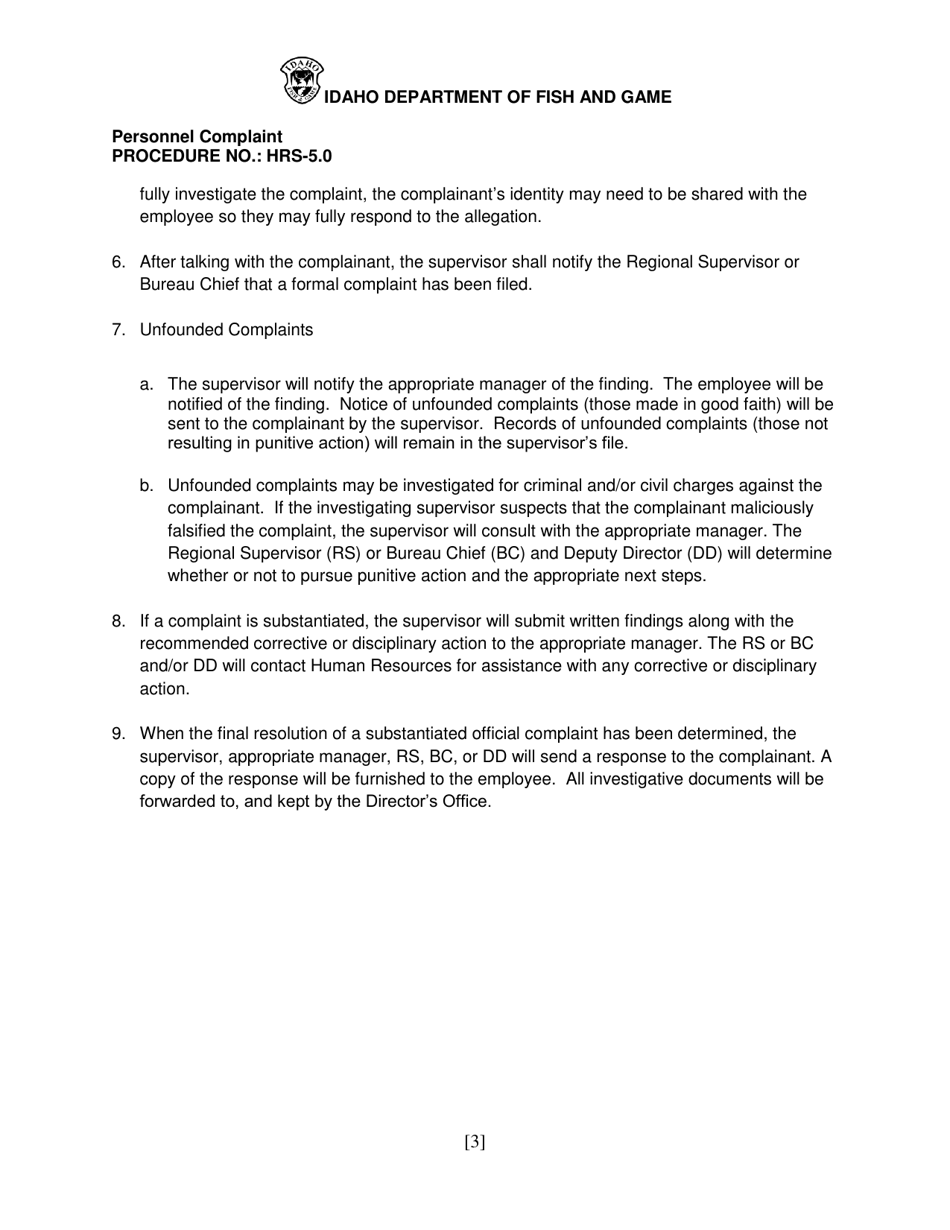 Form HRS001 Personnel Complaint Form - Idaho, Page 4