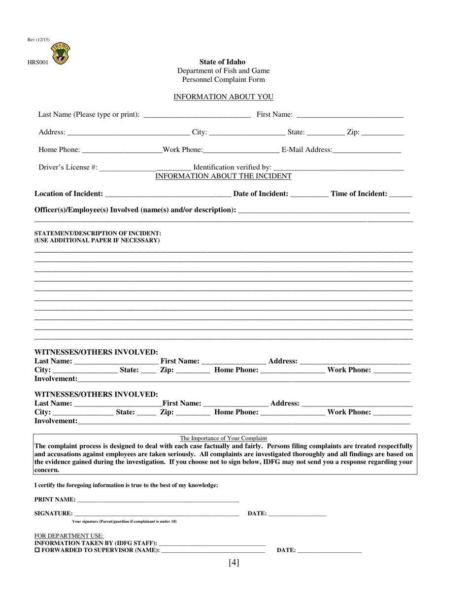 Form HRS001 Personnel Complaint Form - Idaho, Page 5