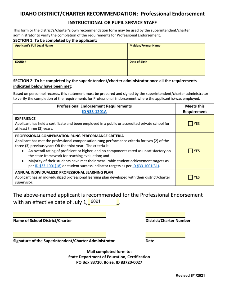 Professional Endorsement Recommendation Form - Idaho, Page 1