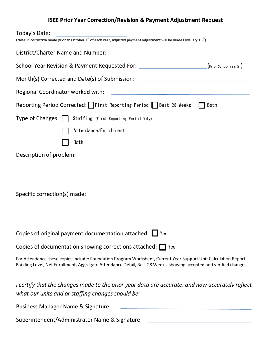 Isee Prior Year Correction / Revision  Payment Adjustment Request - Idaho, Page 1