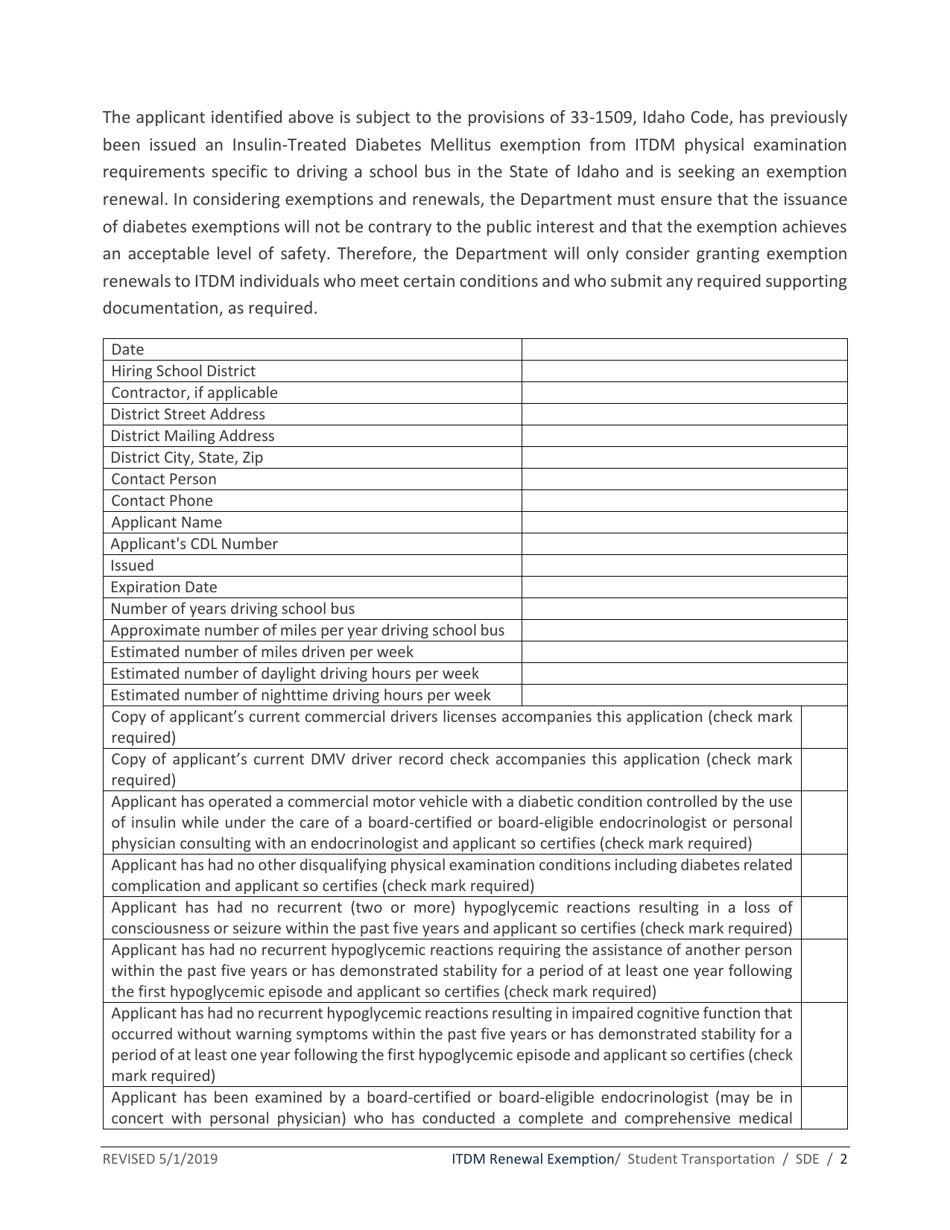 Application for Renewal Exemption From Insulin-Treated Diabetes Mellitus Regulations - Idaho, Page 2