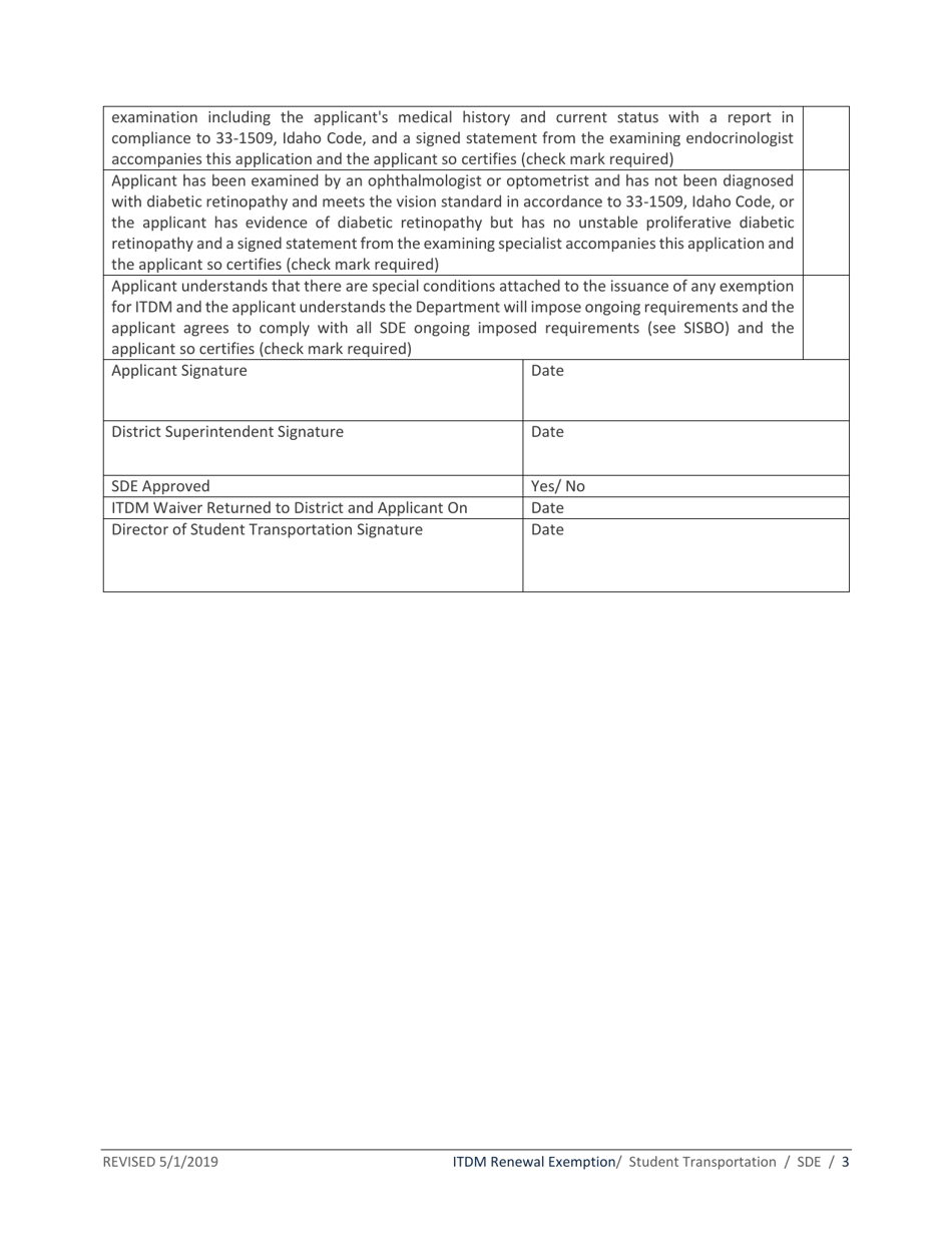Application for Renewal Exemption From Insulin-Treated Diabetes Mellitus Regulations - Idaho, Page 3