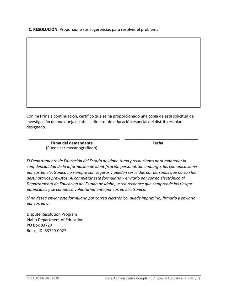Queja Administrativa Estatal - Idaho (Spanish), Page 3