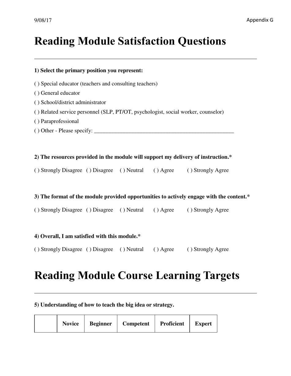 Appendix G Reading Module Satisfaction Questions - Idaho, Page 1