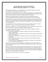 Special Education Advisory Panel (Seap) Idaho Membership Application - Idaho