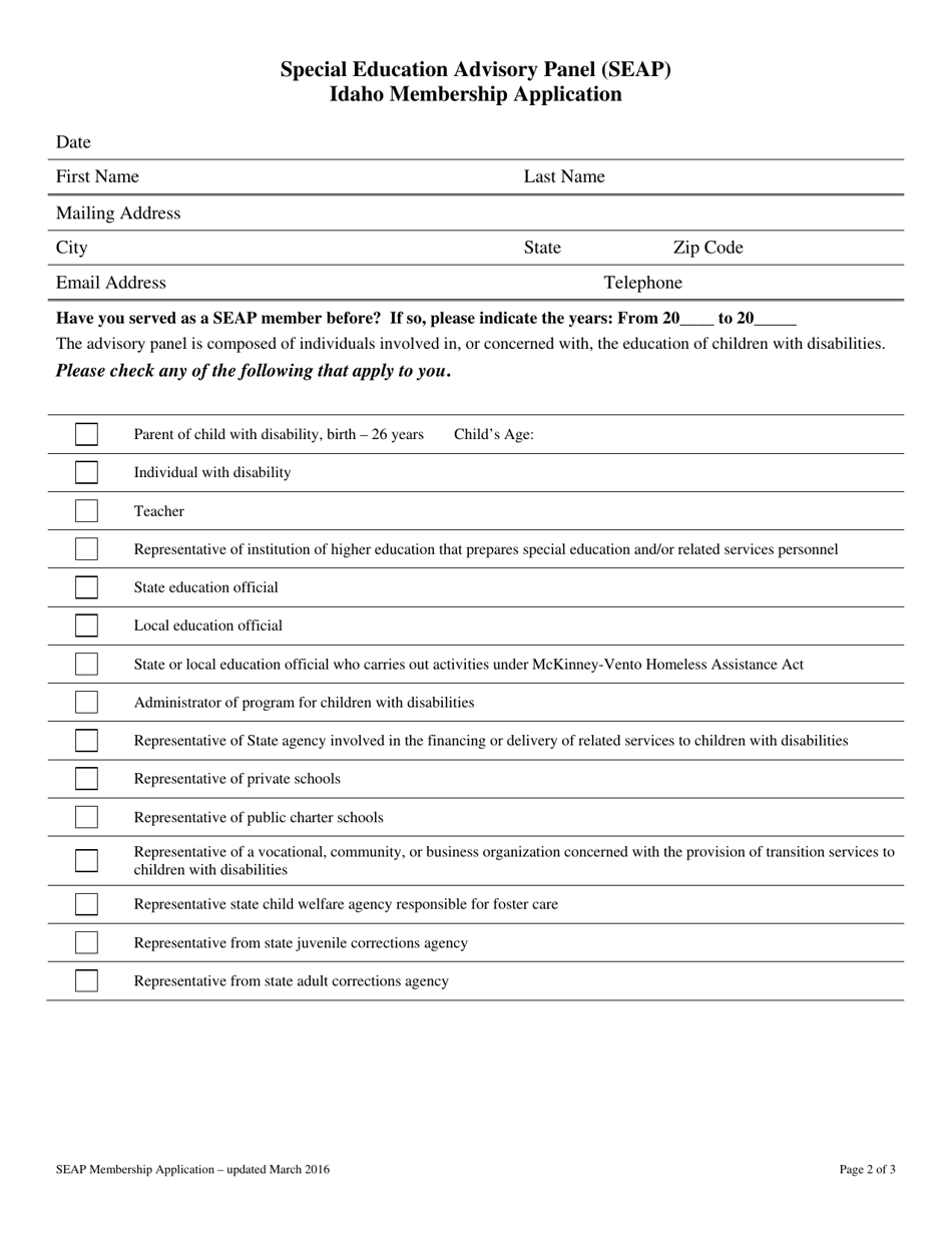 Special Education Advisory Panel (Seap) Idaho Membership Application - Idaho, Page 2