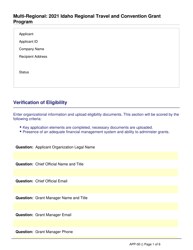 Document preview: Form APP-004541 Idaho Regional Travel and Convention Grant Program Application - Idaho