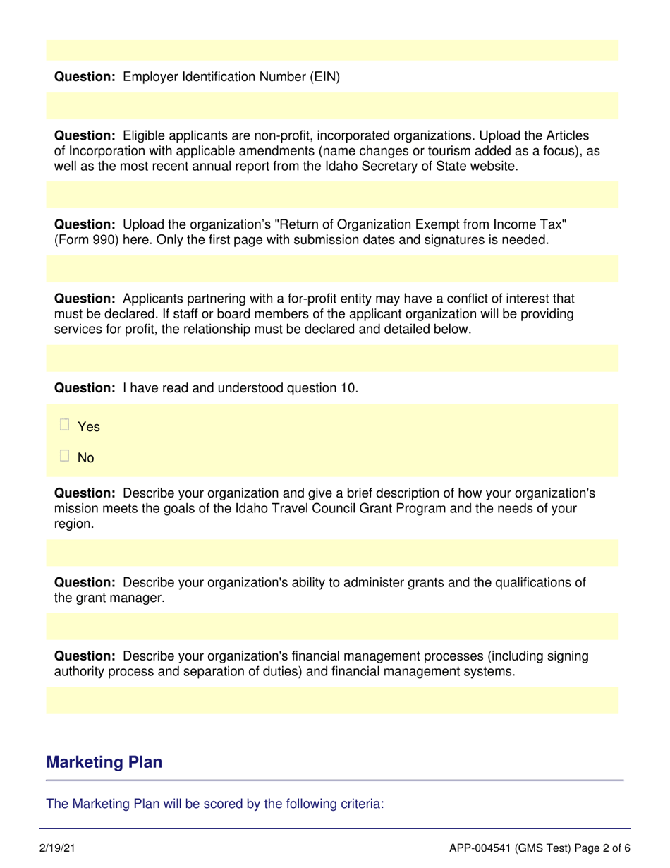 Form APP-004541 Idaho Regional Travel and Convention Grant Program Application - Idaho, Page 2